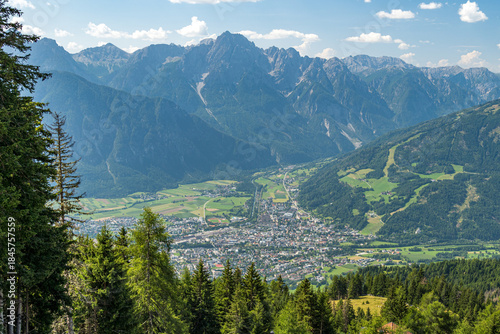 Panoramic view of Lienz and the Lienz Dolomites seen from the Zettersfeld area in Tyrol, Austria