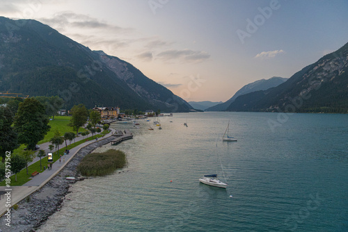 Panoramic view of Lake Achensee from Pertisau in the Tyrol region of Austria at dusk