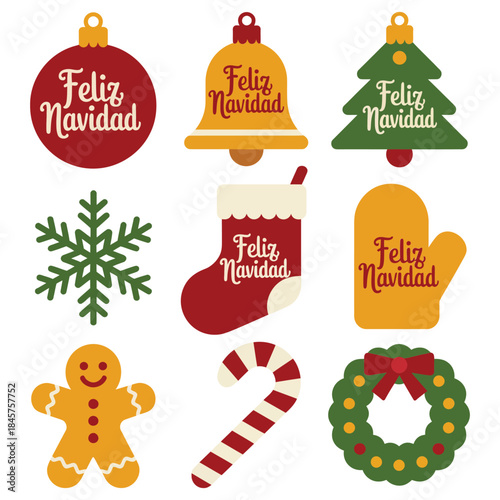 Feliz navidad ornament icon collection with bell stocking wreath gingerbread candy cane christmas flat vector illustration