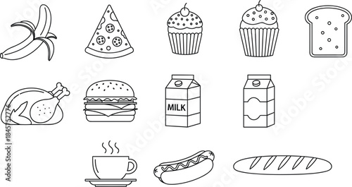 Extensive monochrome line art vector collection featuring various everyday and fast food items, including pizza, burgers, milk cartons, chicken, hot dogs, bread, bananas, and cupcakes, suitable for me