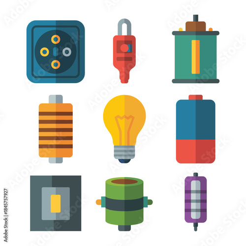 Electronic components icon set with capacitors resistors coils switches connectors power elements flat vector illustration collection