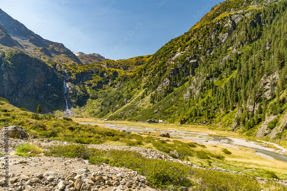 Fototapeta premium Sulzenau waterfall along the Wilde Wasser Weg trail in the Stubai Valley in the Tyrol region of Austria