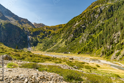 Sulzenau waterfall along the Wilde Wasser Weg trail in the Stubai Valley in the Tyrol region of Austria