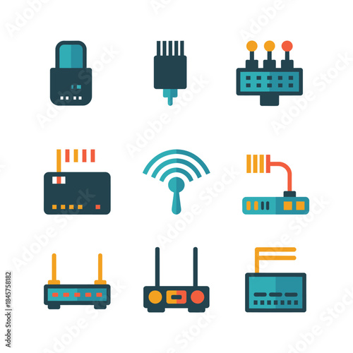 Electronic networking hardware icon set with routers modems wireless signal ports connectors flat vector illustration collection design elements