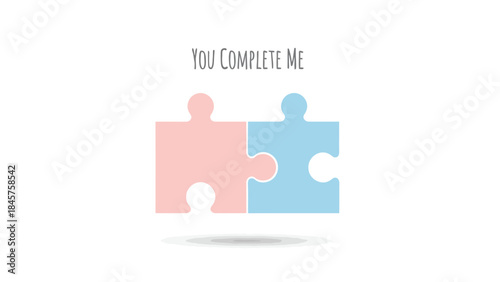 Two puzzle pieces fitting together with text you complete me above them on white background
