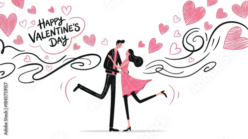 Young couple dancing romantically surrounded by pink hearts on valentine's day
