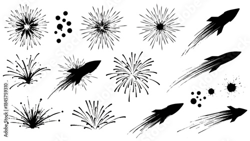 Black and white fireworks and rocket illustrations