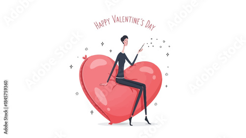 Woman sitting on large pink heart with magic wand, surrounded by sparkles, celebrating valentine's day