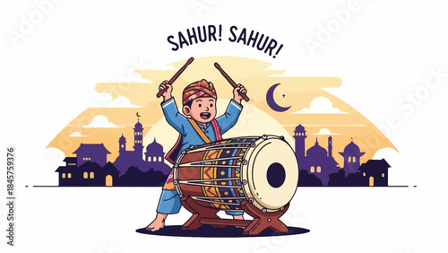 A boy playing a traditional drum (bedug) to wake people for Sahur during Ramadan, with a mosque silhouette and crescent moon in the background.