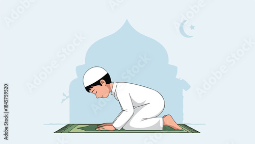 Illustration of a man in white Islamic clothing praying on a green mat in front of a mosque with a crescent moon in the sky.