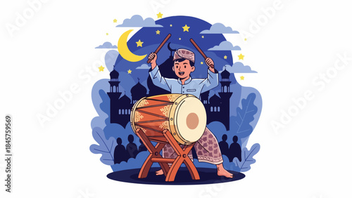 Illustration of a woman playing a drum with a cityscape and night sky in the background, conveying a lively and cultural atmosphere.