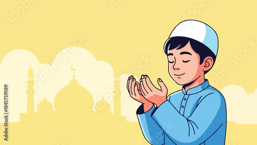 A young boy in a blue outfit and white cap with hands clasped in prayer against a yellow background with mosque silhouettes.