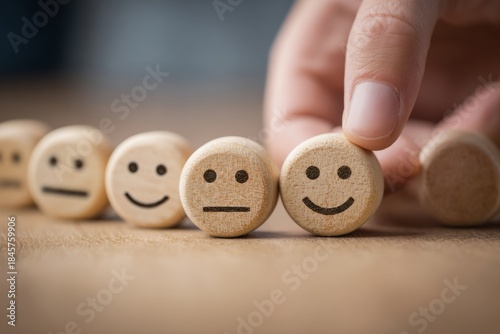 Hand arranging wooden smiley faces indicating levels of satisfaction and customer feedback in a creative business concept