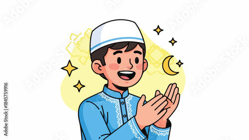 Cartoon illustration of a smiling young Muslim boy wearing a prayer cap, clasping hands in prayer with a crescent moon and stars on a yellow background, conveying a peaceful and joyful mood.