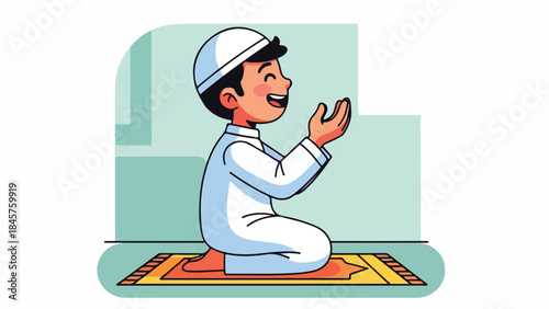 Illustration of a man praying on a colorful prayer mat in a simple room with a calm atmosphere.