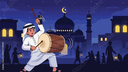 Illustration of a man in traditional Arabic clothing playing a drum in front of a mosque at night with a crowd and crescent moon.