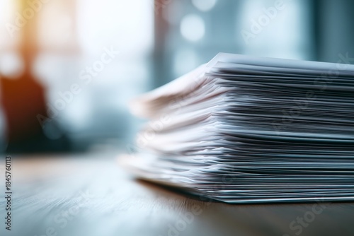 Close-Up View of Stacked Documents and Papers on Table with Blurred Background in Soft Light for Office and Work Concept