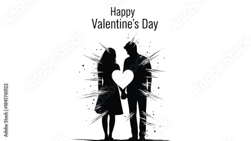 Black silhouette of a loving couple holding a heart on valentine's day with abstract brushstrokes
