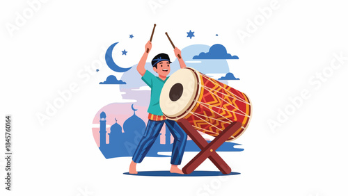 A boy playing a traditional bedug drum with a mosque and crescent moon in the background, depicting Islamic culture and celebration.