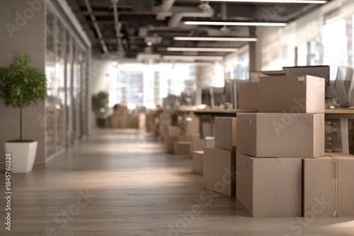 Empty Office Space with Brown Moving Boxes and Desks Showing Transition Period in Business Environment