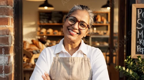 Indian woman with glasses and apron smiles confidently at her bakery shop entrance. Footage shows happy female small business owner, concept of entrepreneurship and local business success, video.