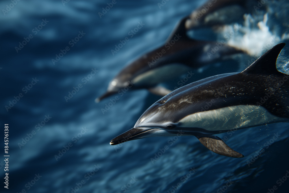 Obraz premium A captivating view of dolphins gracefully swimming through the shimmering blue ocean waters, showcasing their playful nature and agility as they glide effortlessly.