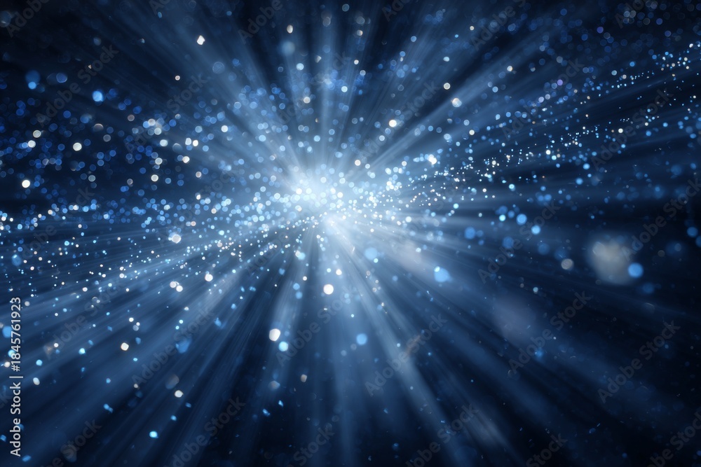 Naklejka premium Glowing Blue Particles Create an Enchanting Abstract Background with Rays of Light Radiating from a Central Source in a Dreamy Atmosphere