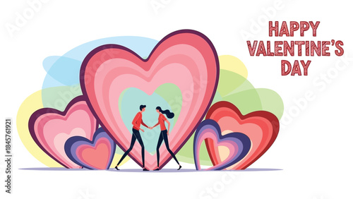 A loving couple holds hands standing between large colorful hearts on a valentine's day background with a joyful atmosphere and vibrant hues
