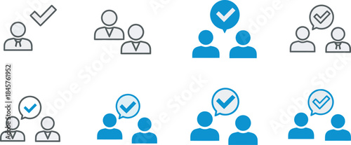 Vector icons of people and teams with checkmarks for verification and validation
