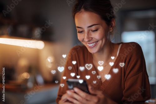 Woman Using Smartphone to Interact with Social Media, Engaging with Likes and Hearts, Connecting with Digital Community and Sharing Content Online