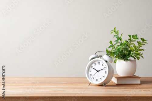 Modern minimalist workspace with clock and green plant on wooden desk against a plain wall for home office decor inspiration and design ideas