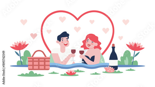 Couple enjoying romantic picnic by small garden pond with wine and flowers
