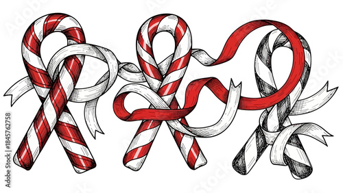 Candy Canes and Ribbons: A festive composition of candy canes and ribbons, perfect for holiday greetings and festive designs. Evoking a sense of nostalgia.