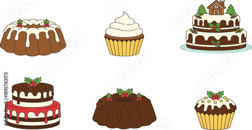 Set of Six Colorful Christmas Cakes and Cupcakes with Holly and Icing Vector