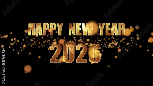 HAPPY NEW YEAR 2026 golden, sparkling particles are scattered around the text against a black background, creating a celebratory atmosphere. 