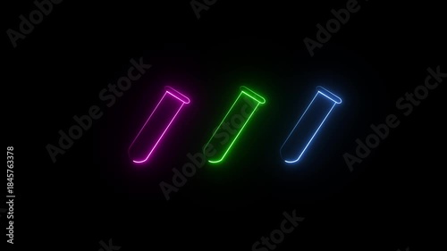  a digital illustration of three test tubes with a neon glow effect. They appear in vibrant magenta, green, and blue colors. 