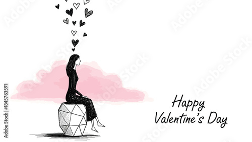 Woman sitting on geometric heart with hearts floating above her on valentine's day