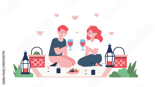 A romantic couple enjoys a twilight picnic surrounded by lanterns and wine glasses in a serene outdoor setting with hearts floating