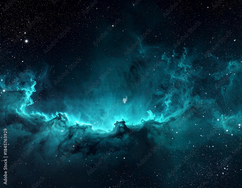 Fototapeta premium “Teal Radiance – Glowing Nebula with Turquoise Light in Deep Space”