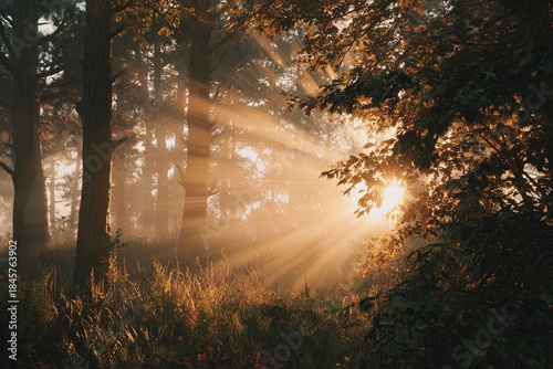 Sunrise peaking through thick morning mist in a dense forest, soft golden glow, ethereal beautiful light, photorealistic, cinematic, 8k,