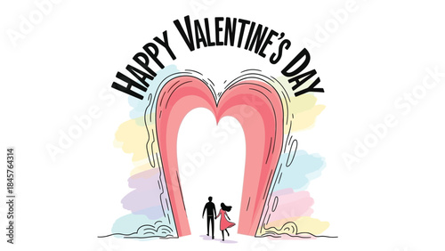 Happy valentine's day celebration with loving couple standing before large pink heart archway, pastel background