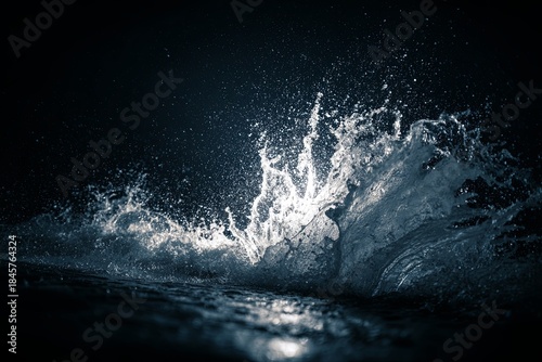 A clean, dramatic, moody shot of a dark, powerful water splash captured in low light, with a single, harsh spotlight highlighting the texture and movement, raw force, tex