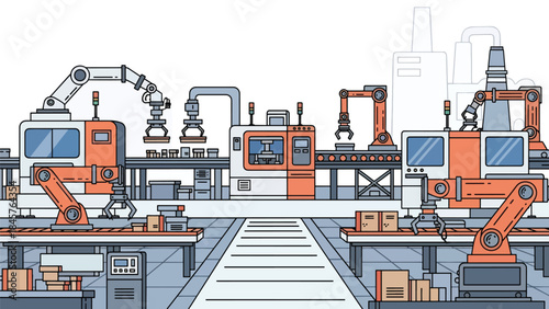 Modern industrial manufacturing factory with automated machines and workers, flat vector illustration, ideal for industry, production, and business visuals