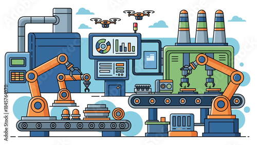 Modern industrial manufacturing factory with automated machines and workers, flat vector illustration, ideal for industry, production, and business visuals