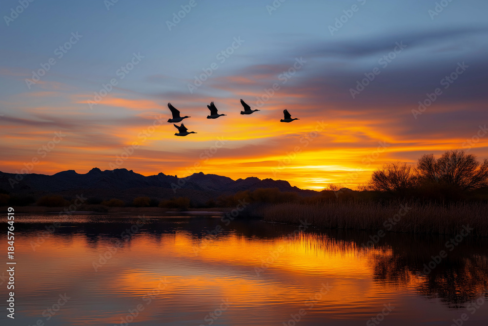 Obraz premium A stunning silhouette of birds gracefully flying against a vibrant sunset, reflecting the beauty of nature and evoking feelings of freedom and serenity.