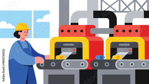 Assembly line production process with workers and machinery in modern factory, flat vector style, ideal for manufacturing, efficiency, and industrial concepts