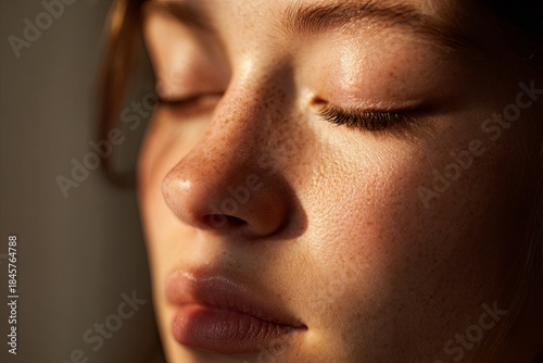 a person s clean, calm face with eyes gently closed, framed by soft, warm light and shadow, tranquility, serene expression, ethereal light, minimalist,