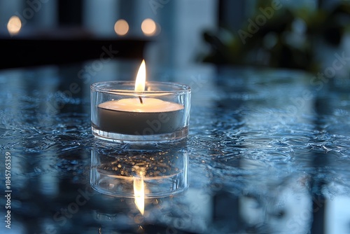 Overhead view of a clean table with a single, lit candle and the subtle ripple of the flame s reflection, focus on concentration, tranquility, ethereal light,