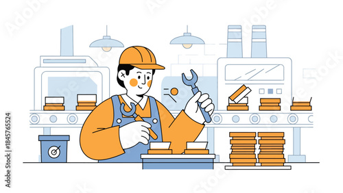 Quality control inspection in manufacturing facility, modern flat vector illustration, ideal for standards, safety, and industrial quality management themes