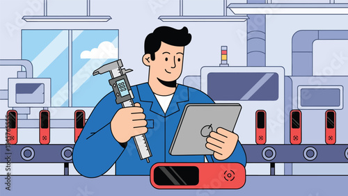 Quality control inspection in manufacturing facility, modern flat vector illustration, ideal for standards, safety, and industrial quality management themes